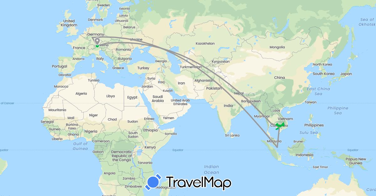 TravelMap itinerary: driving, bus, plane, boat in Austria, Germany, Cambodia, Singapore, Thailand (Asia, Europe)