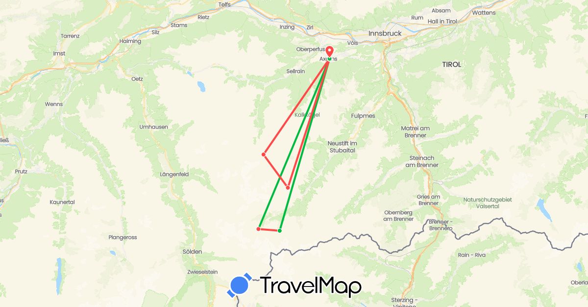 TravelMap itinerary: driving, bus, hiking in Austria (Europe)