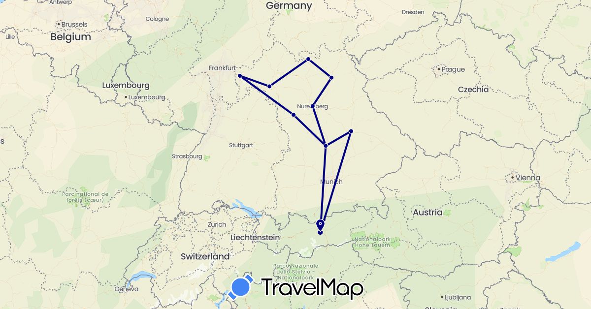 TravelMap itinerary: driving in Austria, Germany (Europe)