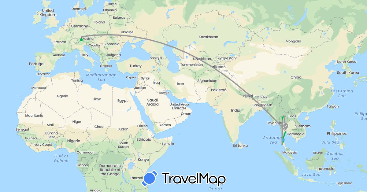 TravelMap itinerary: driving, bus, plane, train, boat in Austria, Germany, Thailand (Asia, Europe)