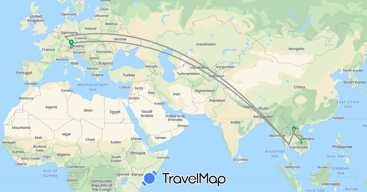 TravelMap itinerary: driving, bus, plane, train, boat, electric vehicle in Austria, Germany, Laos, Thailand (Asia, Europe)